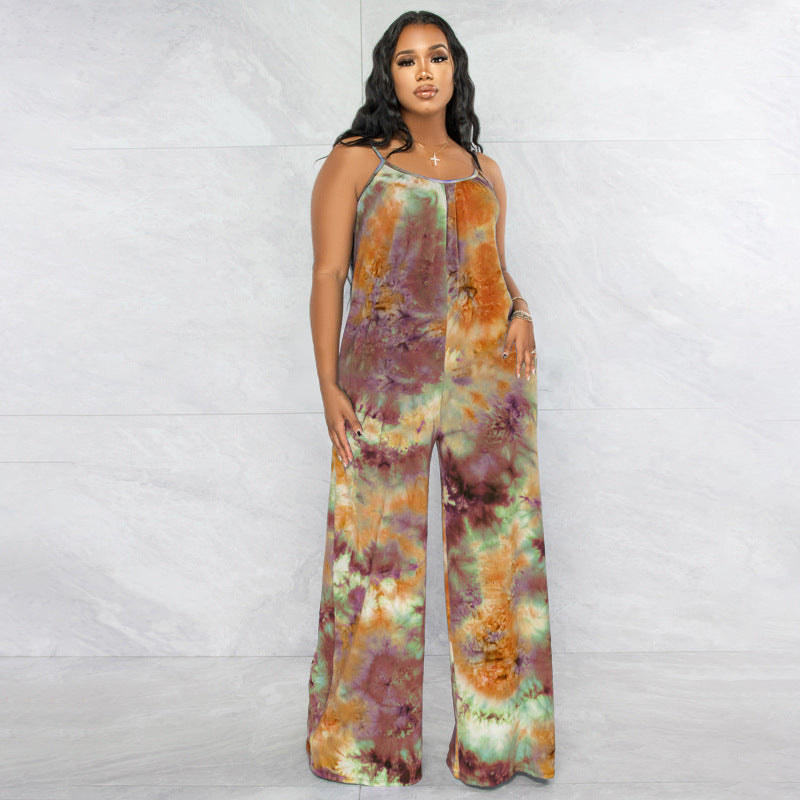 Plus Size New Tie-Dyed Printed Sling Casual Pants Straight Stylish Loose Jumpsuit