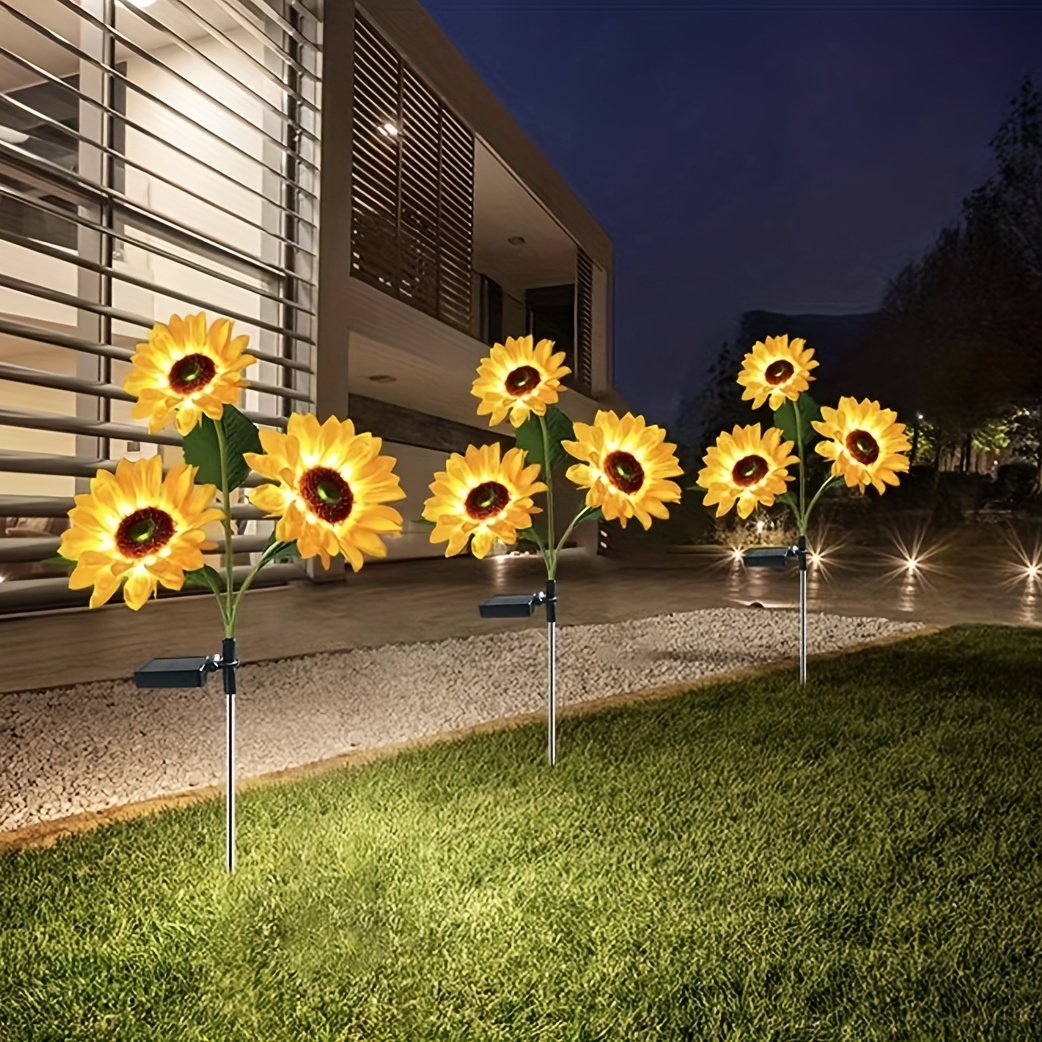 2pcs/4pcs Solar Sunflower Garden Lights With 3pcs/1pc Heads, Outdoor Simulation Flower Solar Lights Ground Plug-in Lights LED Decorative, For Garden, Lawn