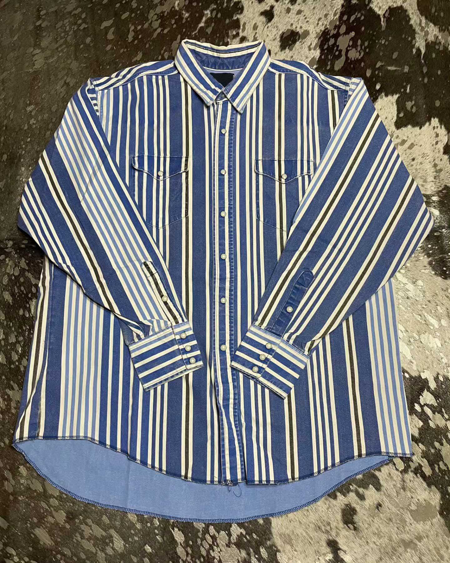Men's Casual Vintage Blue Striped Long Sleeve Shirt