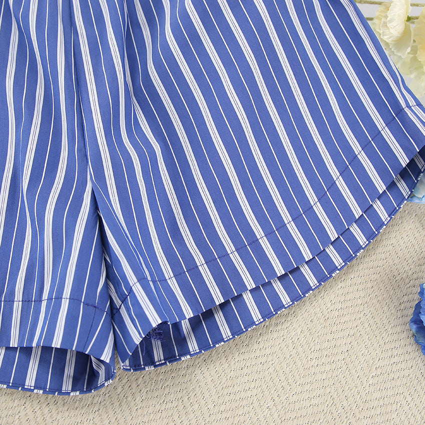 Spring Summer Striped Printed Loose Long Sleeves Shorts Pajamas Suit Homewear Women