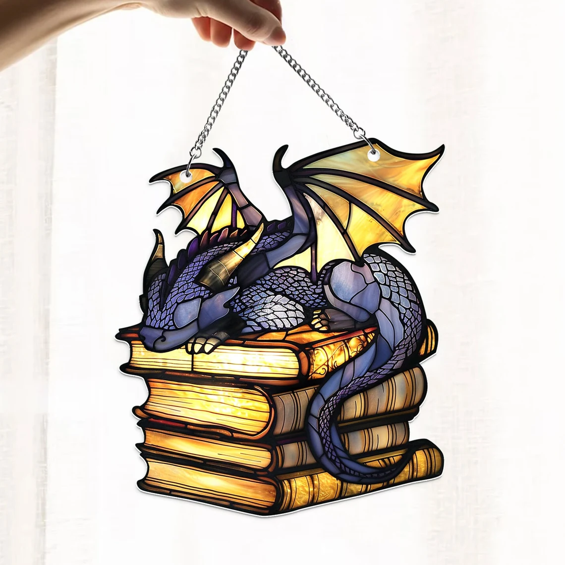 Book Dragon Suncatcher Ornament, Fantasy Dragon Acrylic Window Hanging