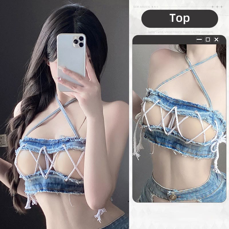 Sexy Denim Hollow Out Top Shorts Lingerie Two Piece