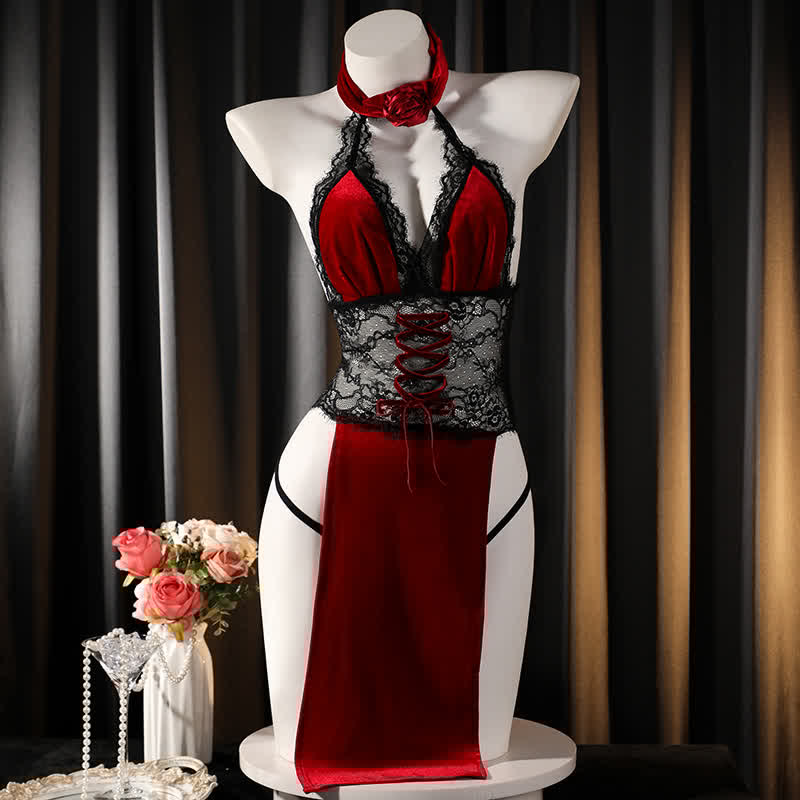 Rose Halter Sexy Lace Split Cheongsam Lingerie Dress