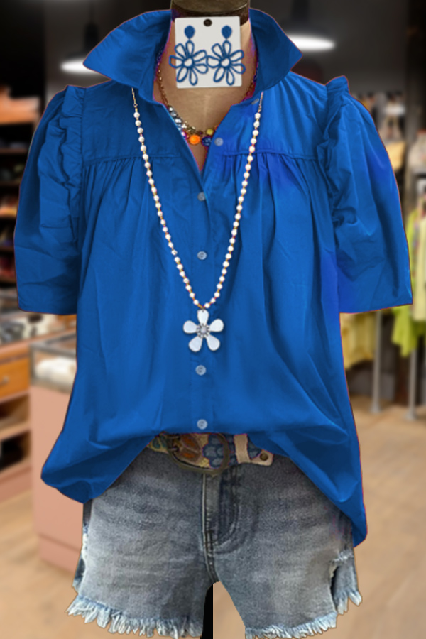 Solid Ruffle Short Sleeve Button Up Blouse
