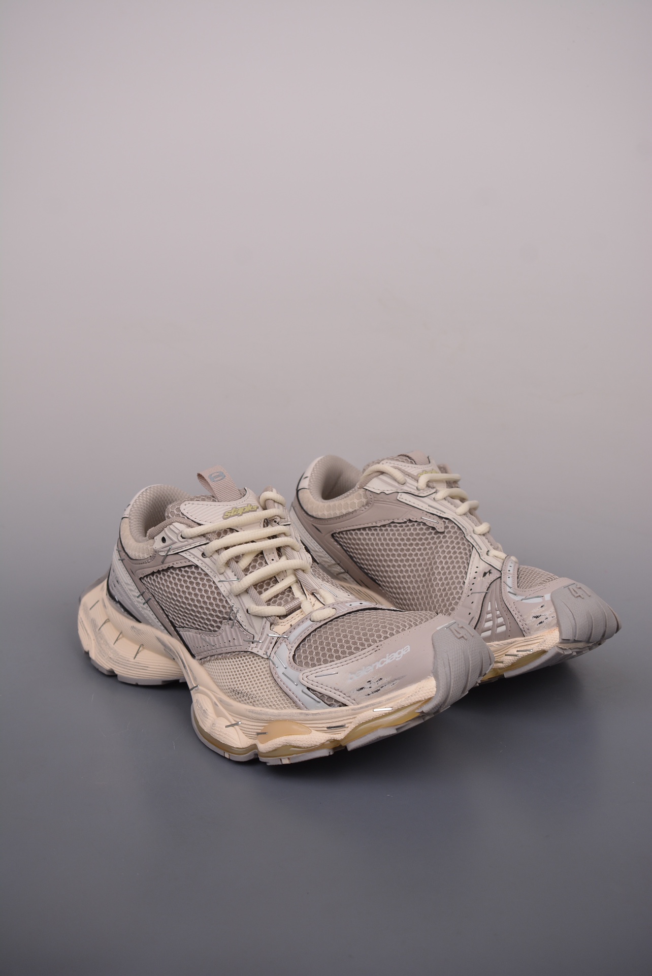 BALENCIAGA Stapler Low Sneakers Beige Gray Distressed