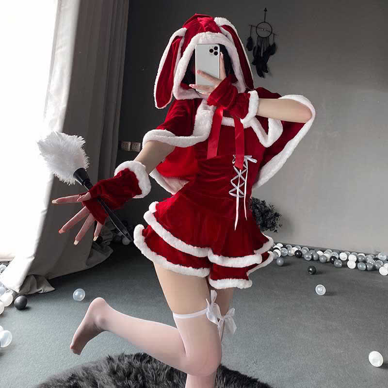 Christmas Bunny Ears Hooded Cloak Velvet Lingerie Set