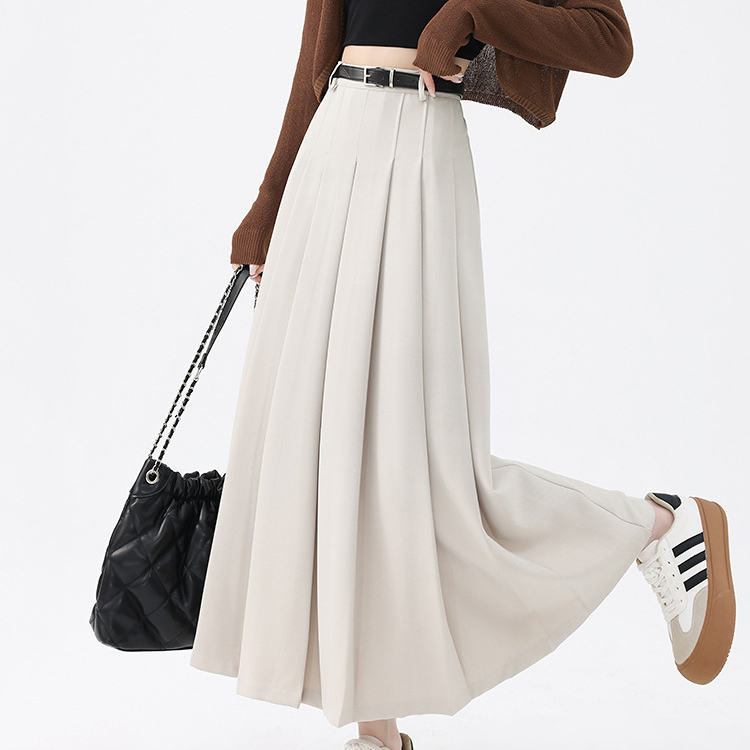 White High waist show thin pleated skirt belt suit skirt