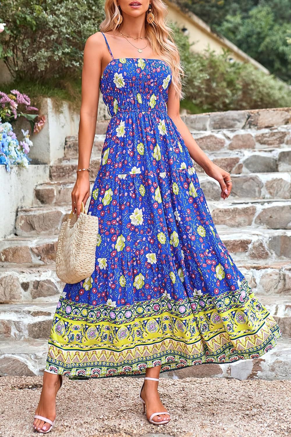 Blue and green Retro Floral Bohemian dress with adjustable shoulder straps