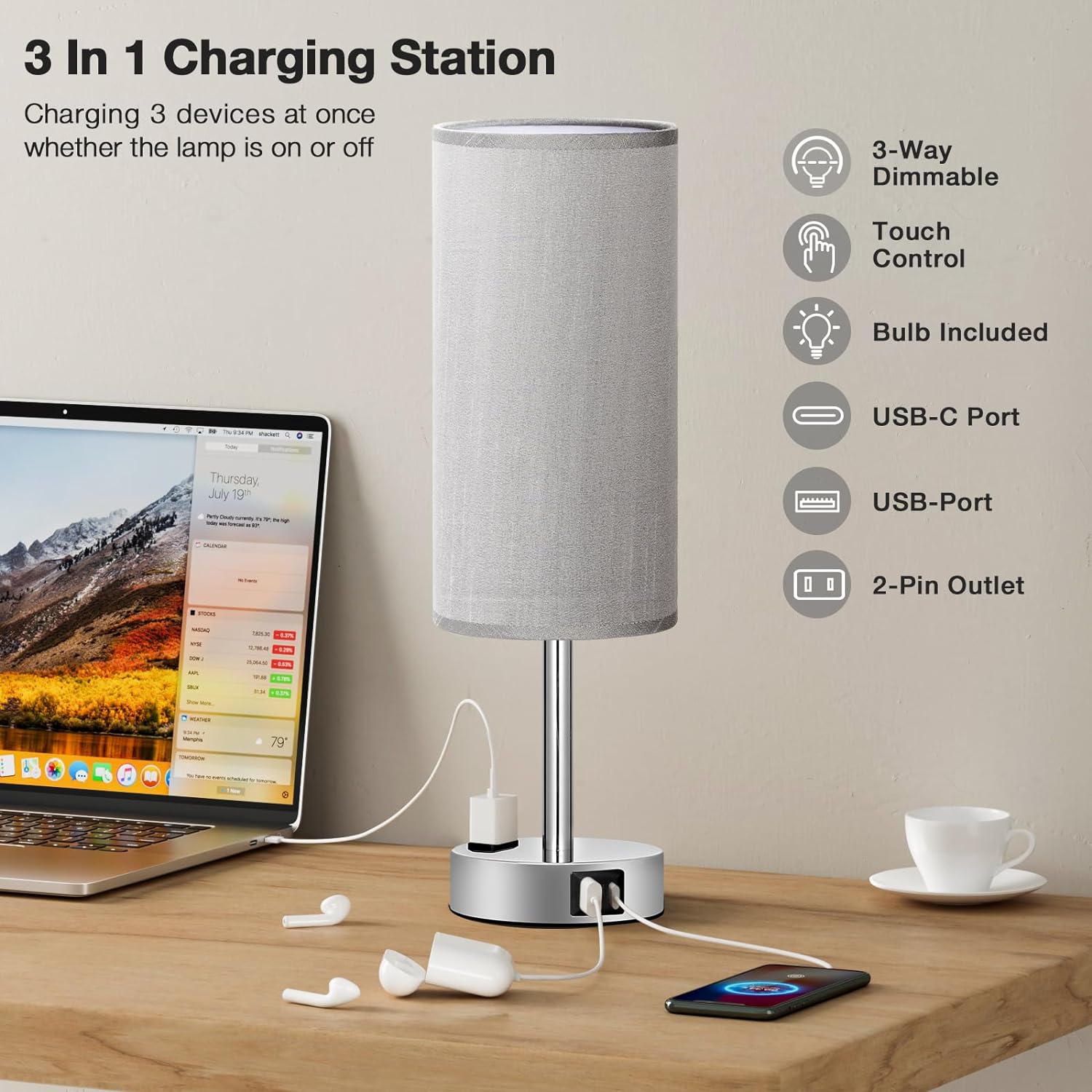 Bedside Table Lamp for Bedroom - 3 Way Dimmable Touch Lamp USB C Charging Ports and AC Outlet, Small Lamp Wood Base Round Flaxen Fabric Shade for Living Room, Desk, LED Bulb Included