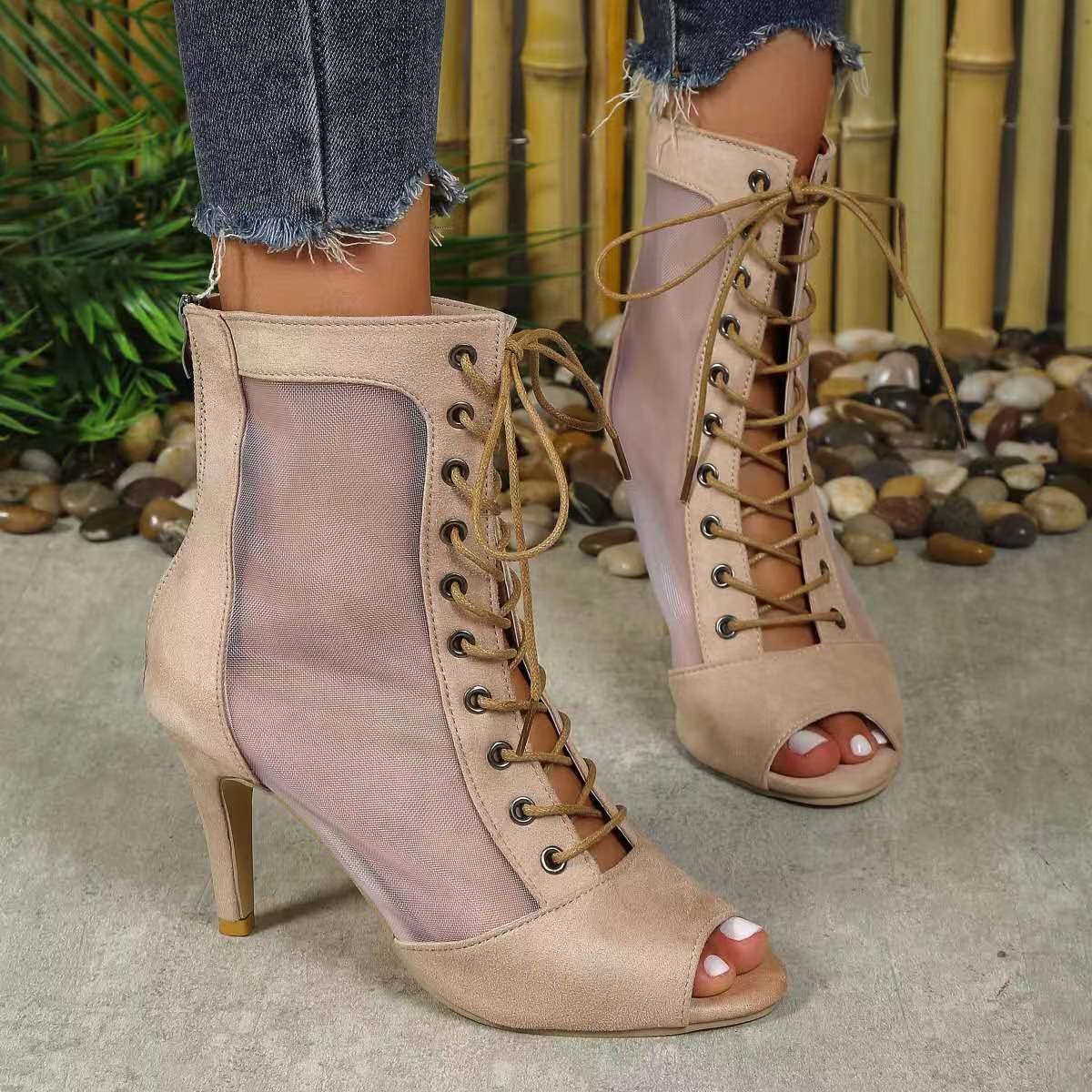 Mesh Fish Mouth Stiletto Heel High Sandal Boots for Women