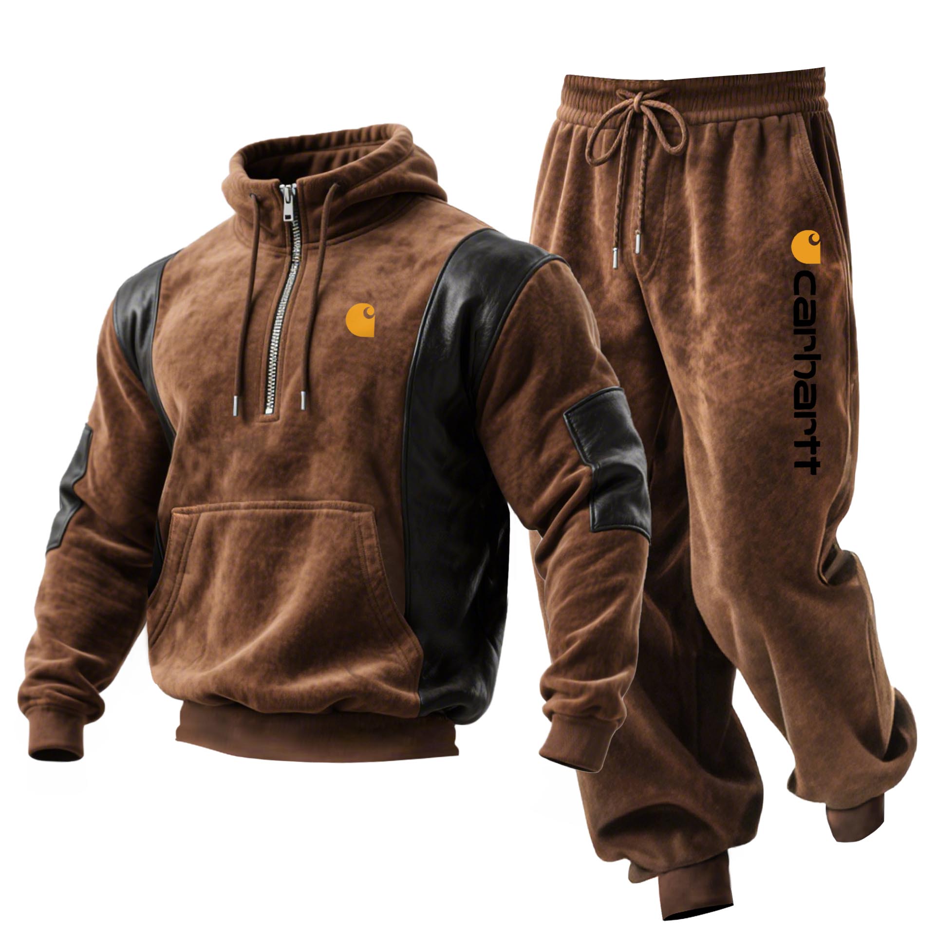 Brown Carhartt Hoodie and Sweatpants Set with Leather Accents