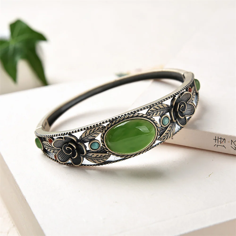 Natural Hotan Jade Luxury Women's Bracelets Bangles Red Agate Turquoise Carved Flowers Vintage New In Bracelets Punk Jewelry