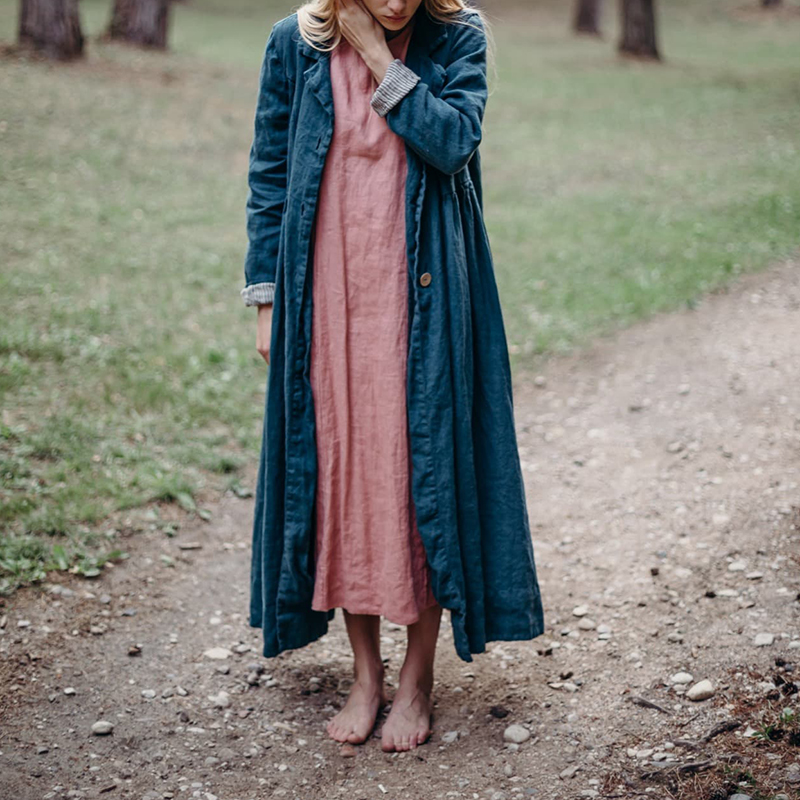 Vintage Lapel Solid Button Linen Cotton Comfy Long Coat