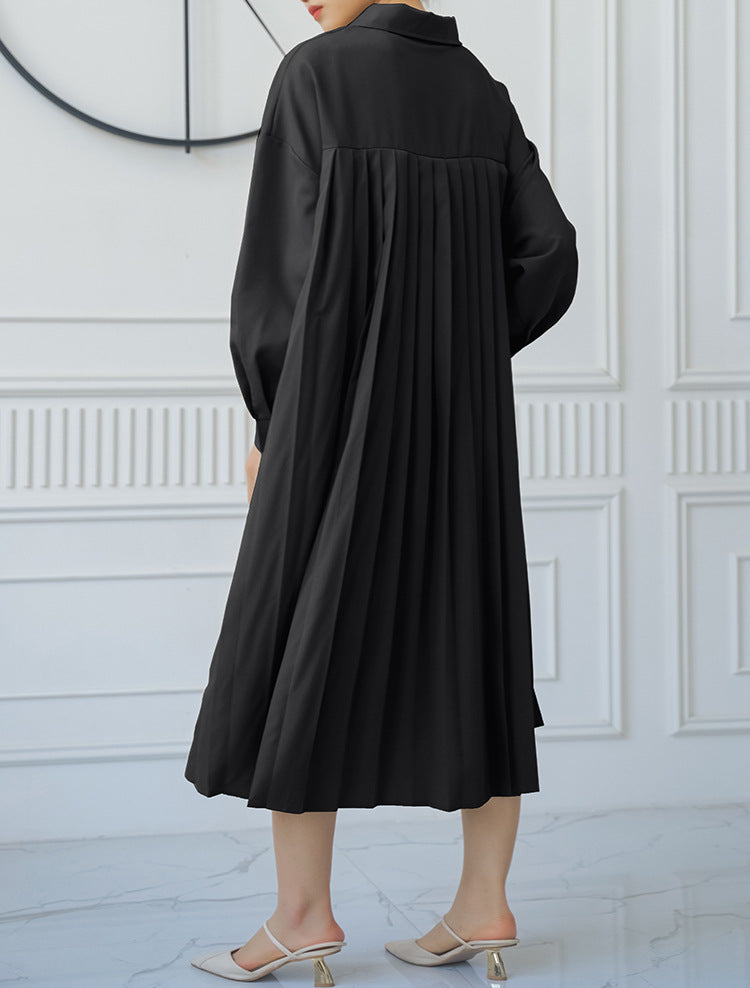 Spring Autumn Loose Overknee Dress Women Casual Large Version Back Pleated Long Shirt Dress