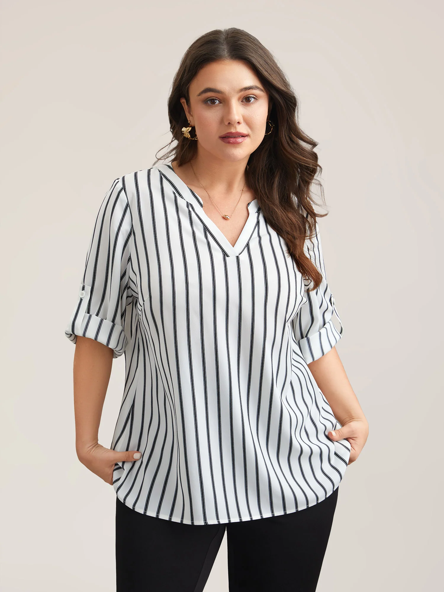Notched Collar Striped Tab Sleeve Shirt