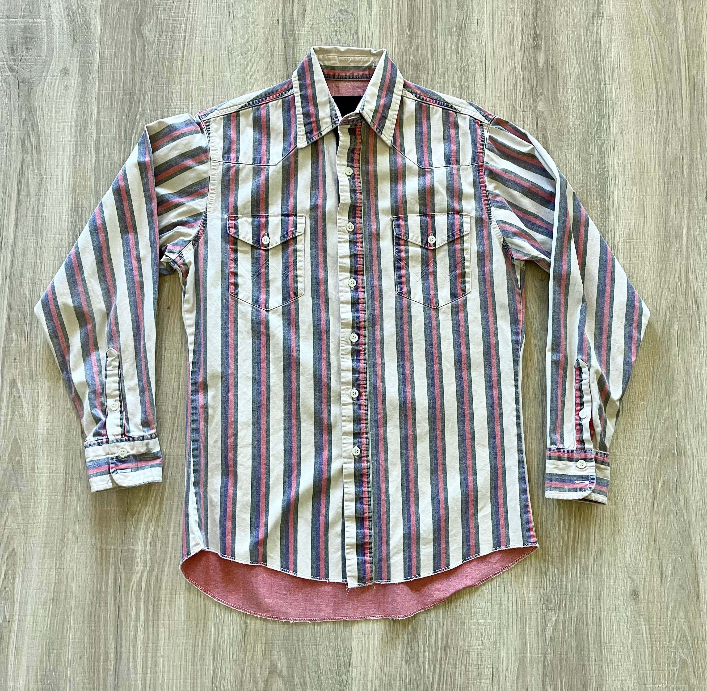 Men's Fashion Western Dark Blue Khaki Striped Long Sleeve Shirt