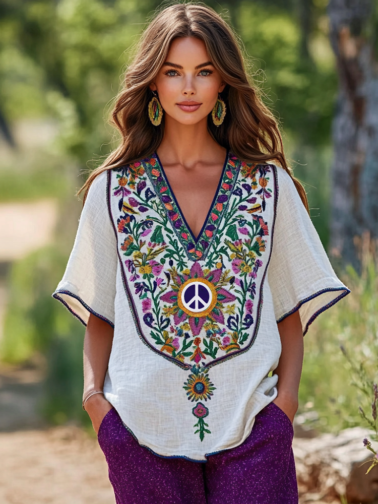 Women's Vintage Hippie Peace Symbol Linen T-shirt
