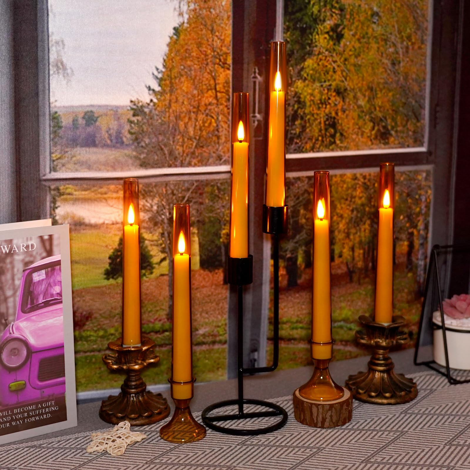 6 PCS Upgraded Flameless Taper Candles with Remote, Acrylic Battery Operated Candles with CandleSticks