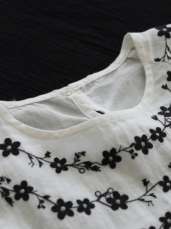 Women's Vintage Embroidered Floral Round Neck Casual Cotton And Linen Shirt