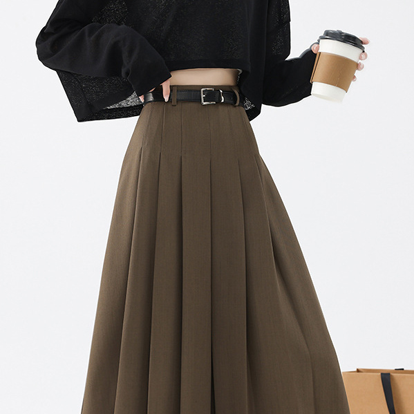 Brown High waist show thin pleated skirt belt suit skirt