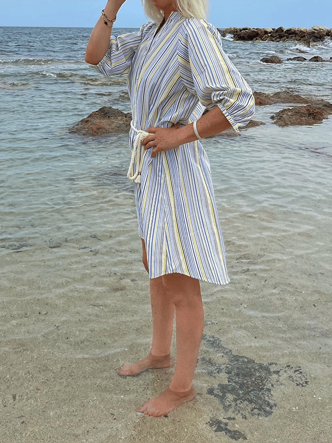 Women's Vintage Contrast Stripe Design V-Neck Button-Up Cotton And Linen Dress