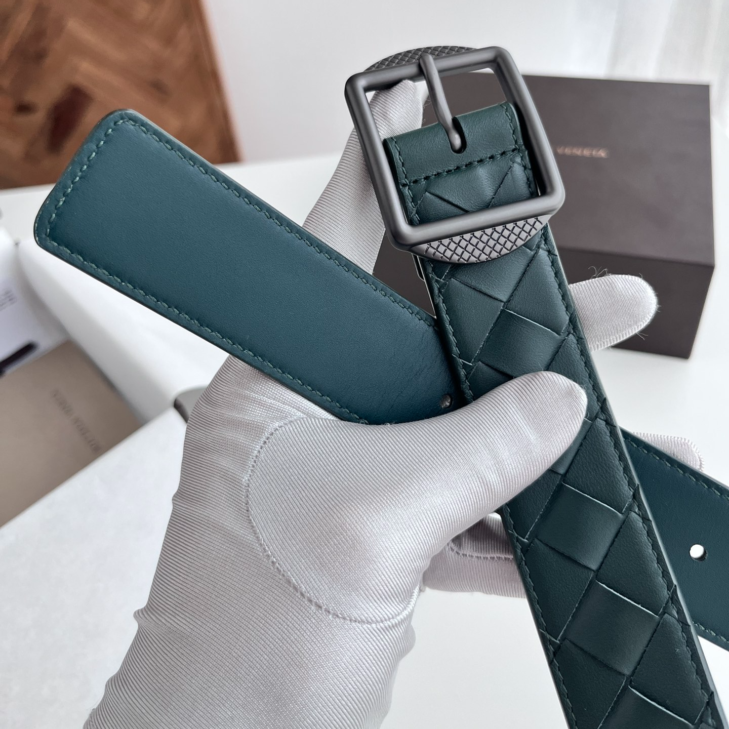 Bottega Veneta intreccio woven cowhide double-sided belt 3.5cm wide