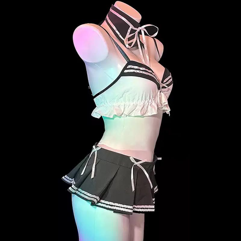 School Uniform Bow Stripe Lingerie Set