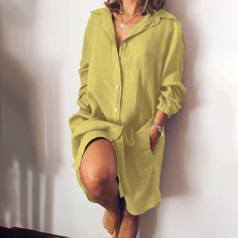 Solid Color Cotton And Linen Midi Dress