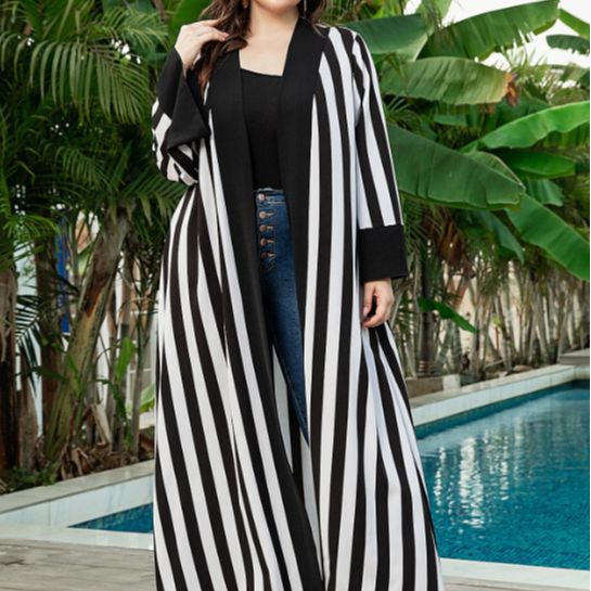 Plus Size Casual Cardigan Coat Striped Color Matching Artistic Long Sleeve Women