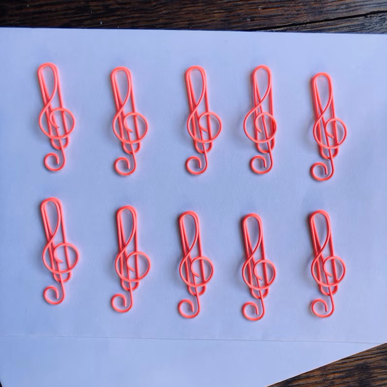 A set of 10 high quality music treble clef colored metal paper clips