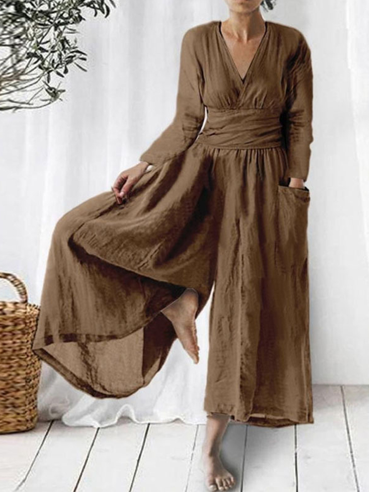 Elegant V Neck Wide Leg Flowy Jumpsuit