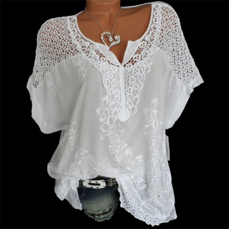 (S-6XL)Damskie koronki V-Neck haftowane krótki rękaw Batwing