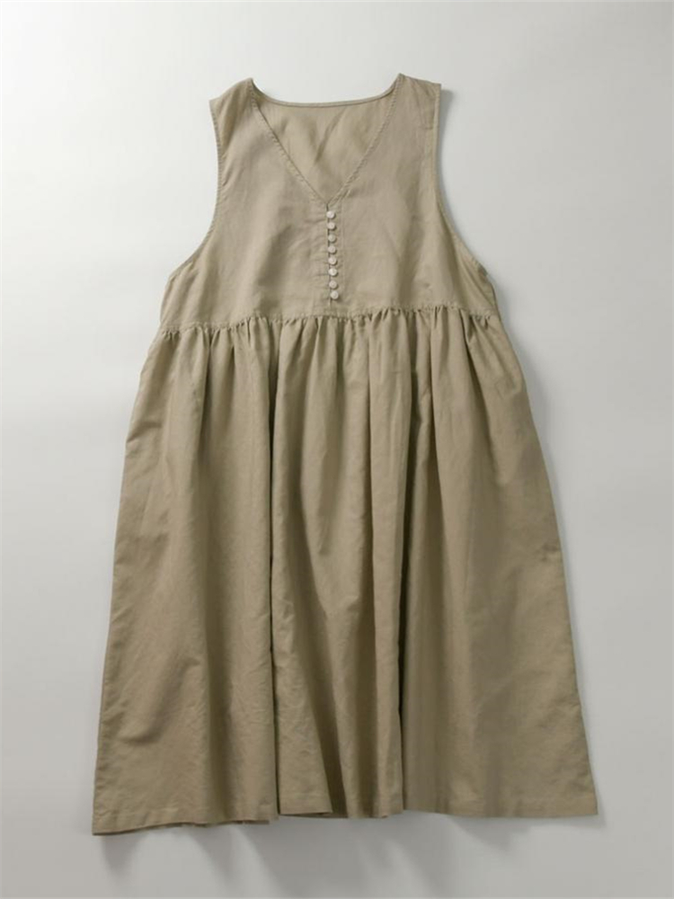 Vintage Button Up Pleated Pinafore Maxi Dress