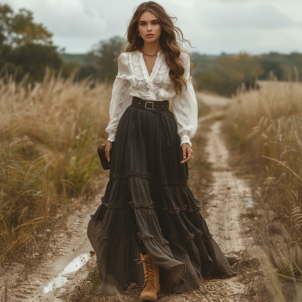Retro V-neck Lace Linen Women's  Pastoral Style Linen Skirts
