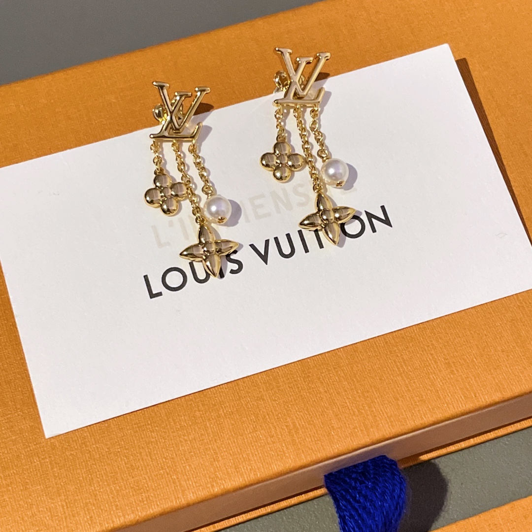 Louis Vuitton Gold Flower Pearl Tassel Earrings