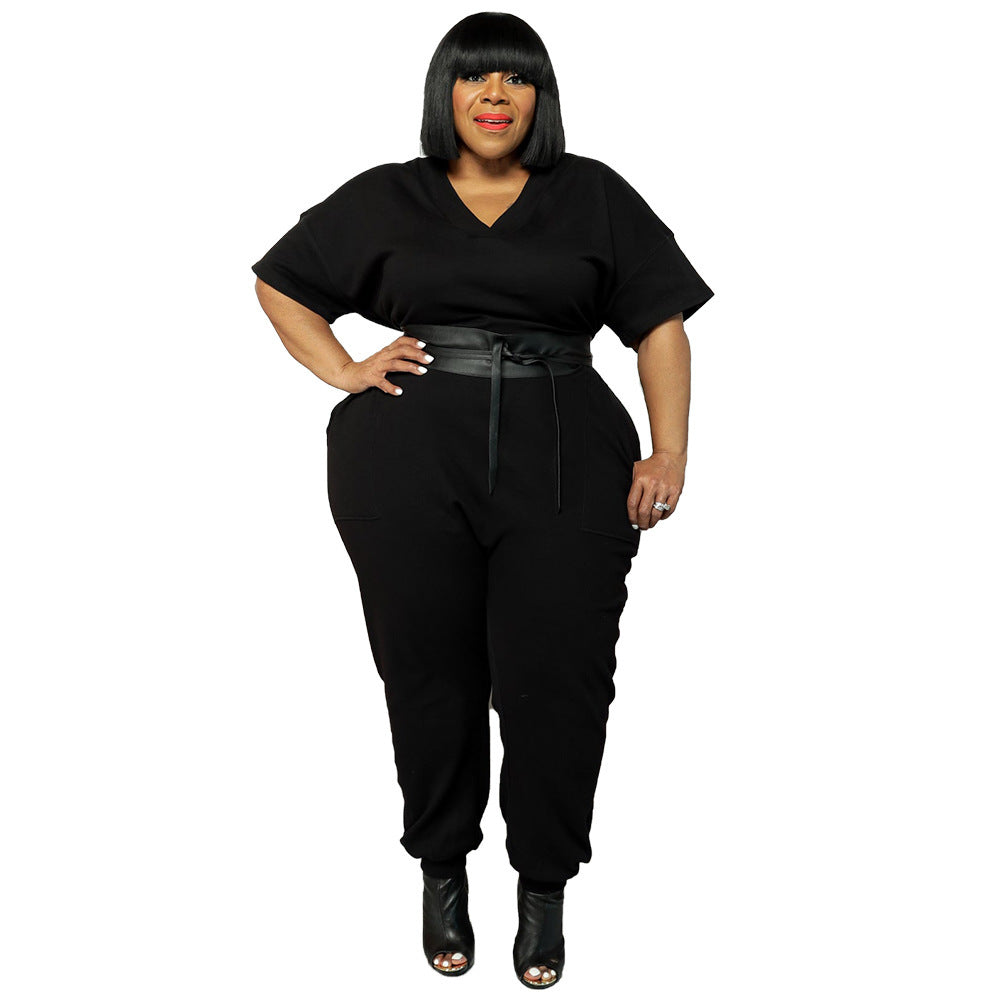 Plus Size Women Clothes Sports Pants Casual Sweatpants V neck Jumpsuit