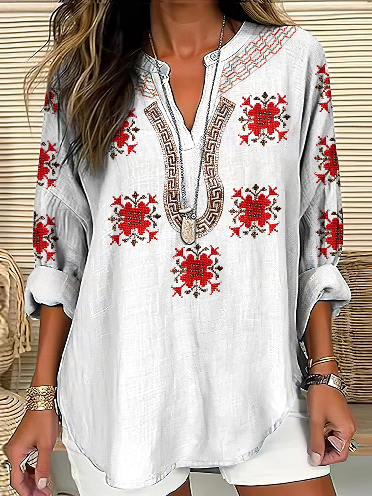 Vintage Cretan Pattern V-neck Linen Blend Blouse
