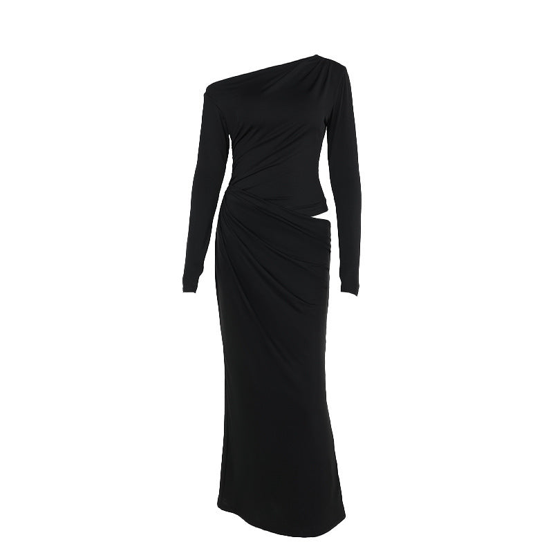 Slim-Fit One-Shoulder Hollow-Out Pleated Dress for Women