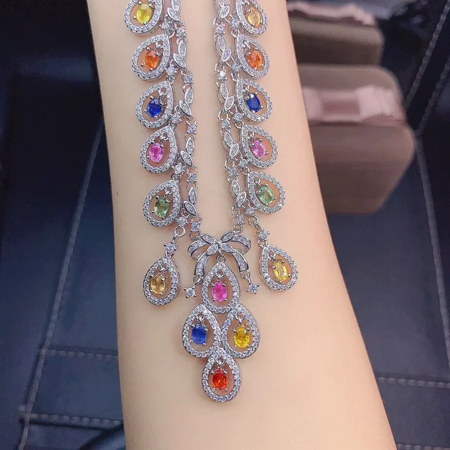 925 Sterling silver natural color sapphire necklace Jewelry Fire color good beauty women's luxury jewelry certified boutique