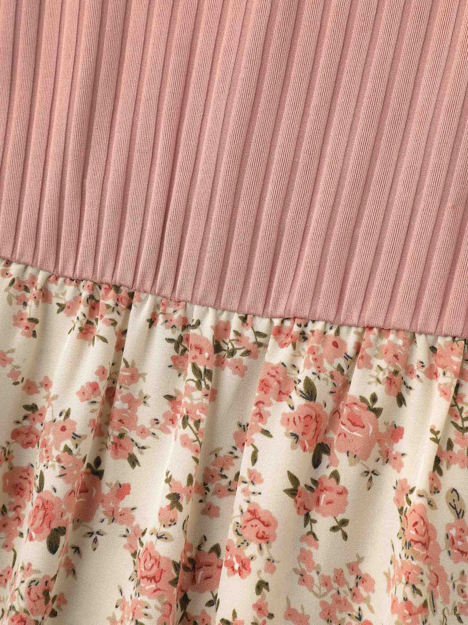 Floral Color Contrast Ribbed Pockets Maxi Dress