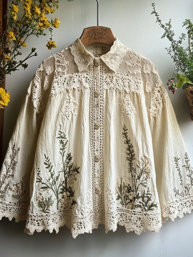 Vintage Floral Embroidered Linen Blend Lace Blouse