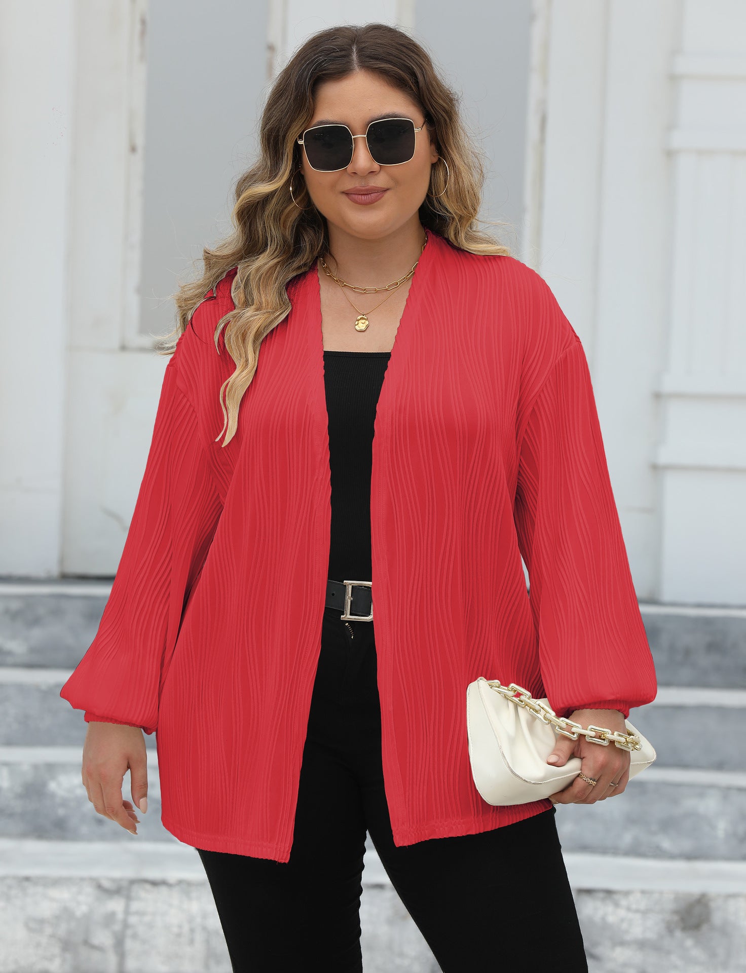 Plus Size Women Cardigan Women Wave Striped Casual Loose Jacket Comfortable Top Lantern Sleeve Air Conditioning Shirt