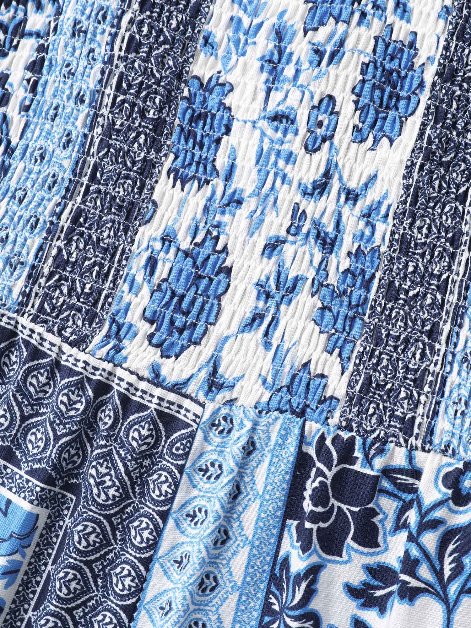 Floral Collage Shirred Straight-Leg Jumpsuit