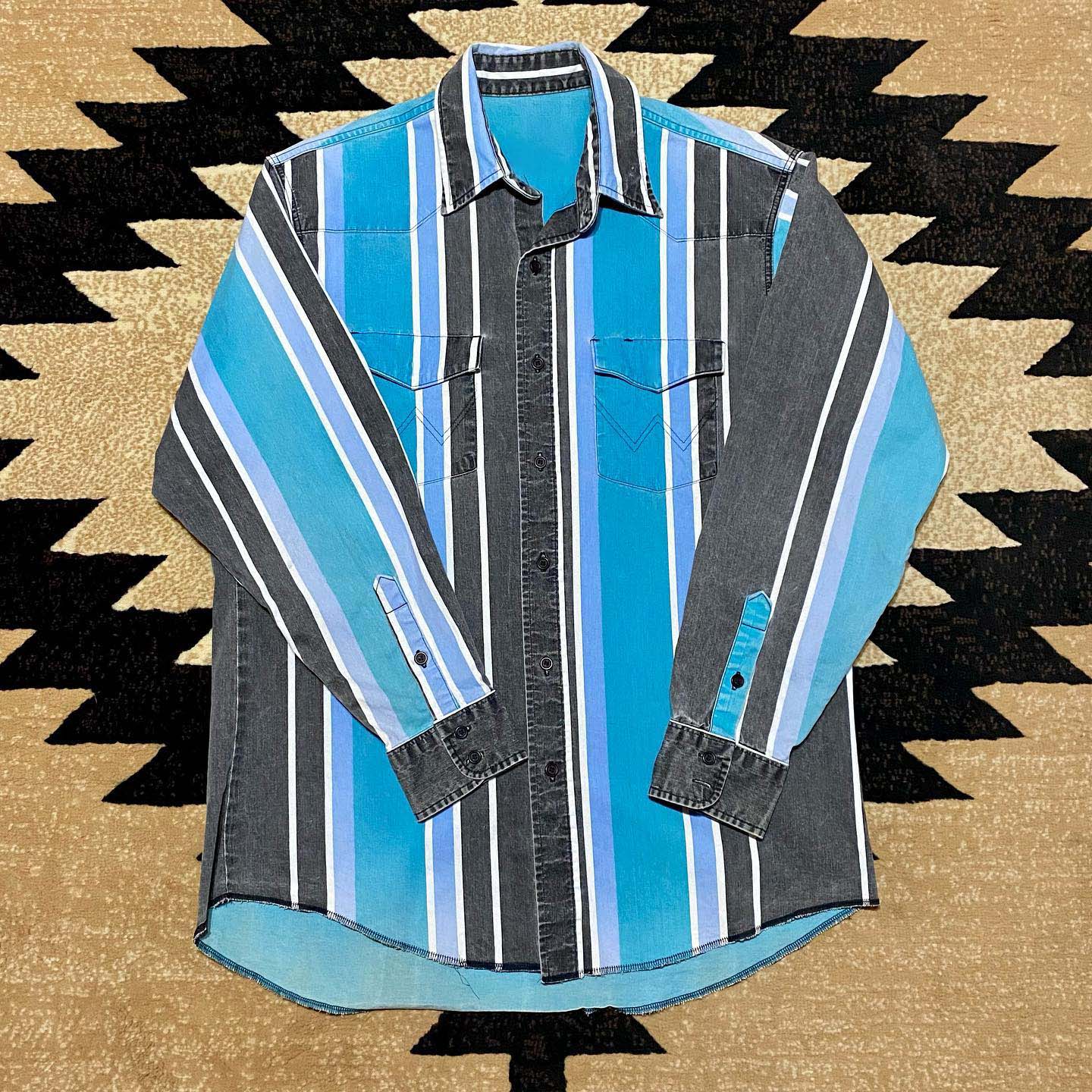 Men's Western Casual Gray Blue Striped Long Sleeve Shirt