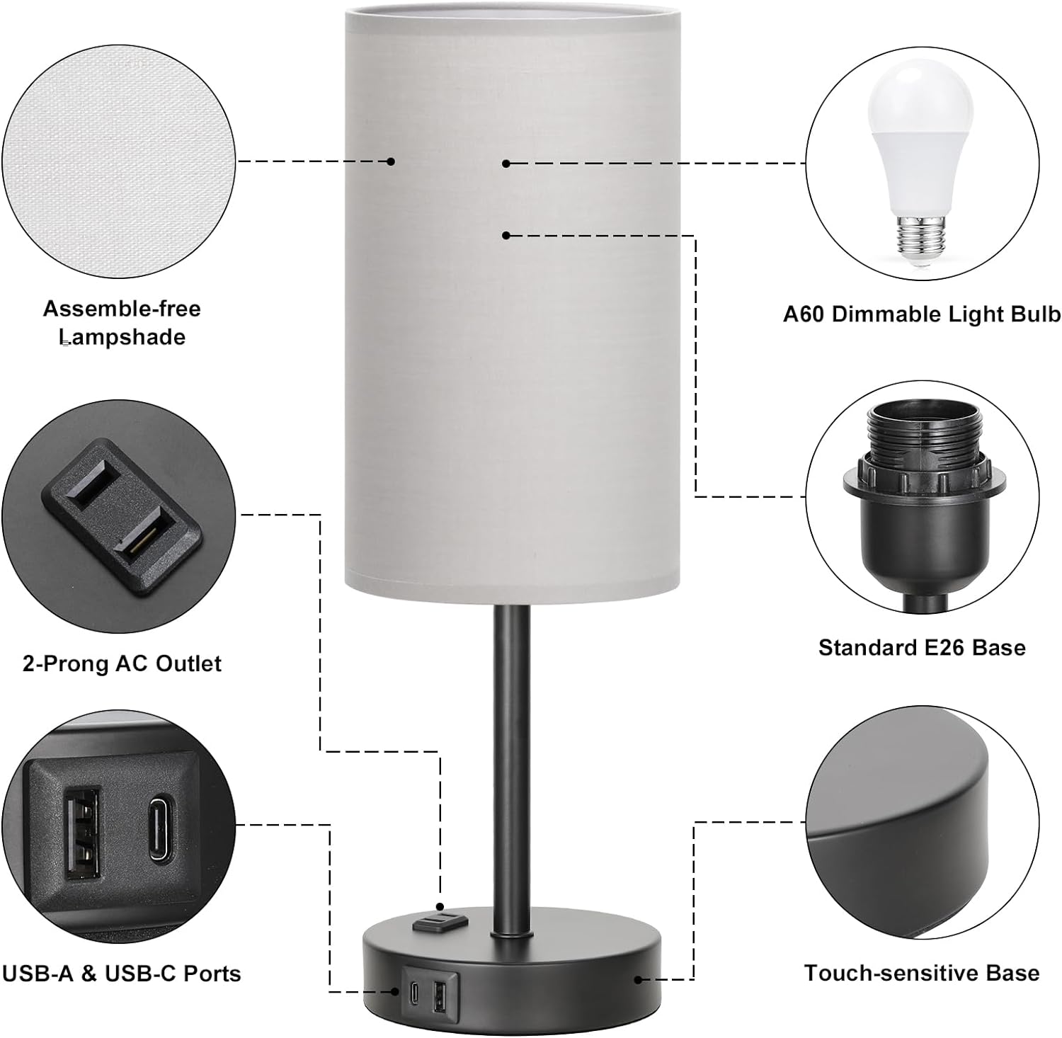 Bedside Table Lamp for Bedroom - 3 Way Dimmable Touch Lamp USB C Charging Ports and AC Outlet, Small Lamp Wood Base Round Flaxen Fabric Shade for Living Room, Desk, LED Bulb Included