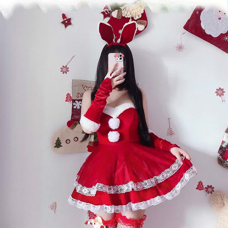 Christmas Cosplay Double Lace Fuzzy Ball Off The Shoulder Dress