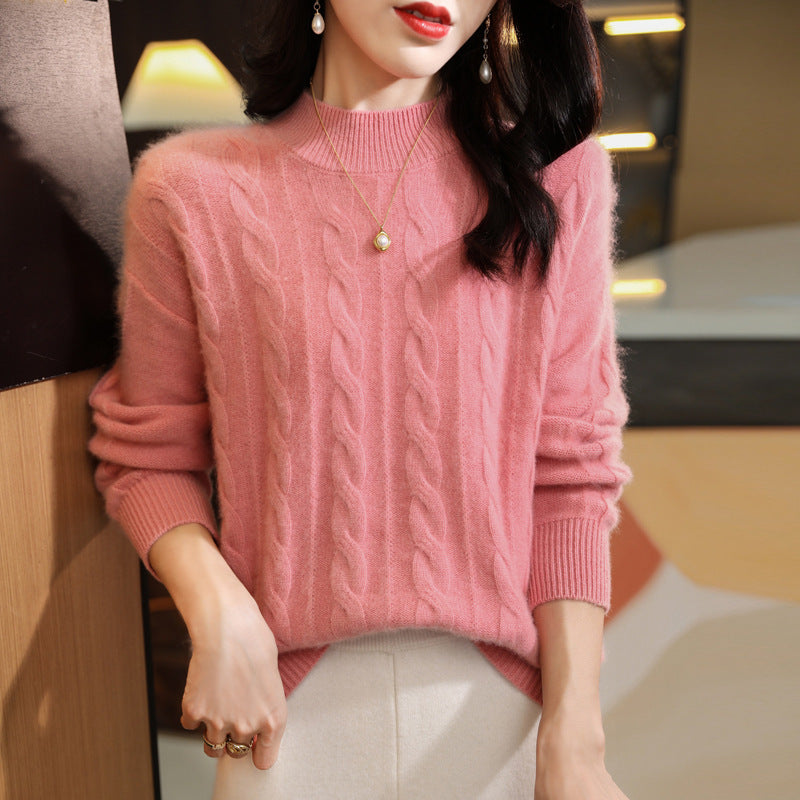 Women's Pure Wool Sweater with Half Turtleneck and Thick Twist Knit Design