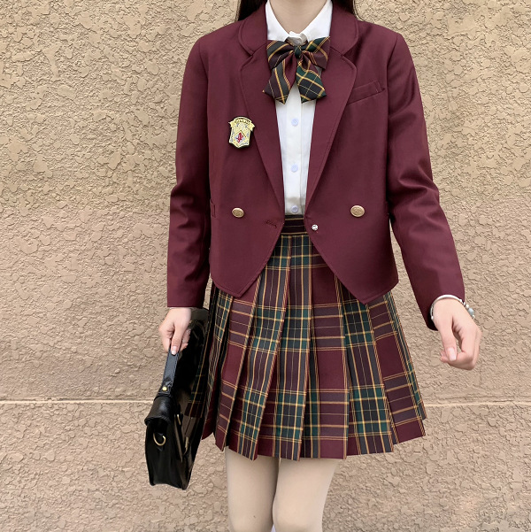 A student uniform of the Institute of wind and Sun Short Burgundy Blazer JK plaid skirt suit