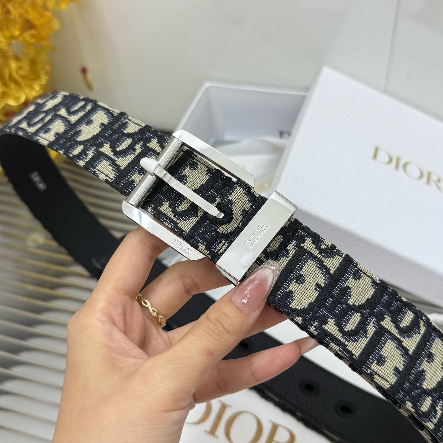 Dior pin buckle canvas leather belt 3.5CM wide