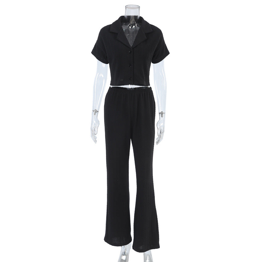 Spring Summer Pajamas Suit Fashionable Knitted Short Sleeved Trousers Hollow Out Cutout Home Wear Women Comfortable